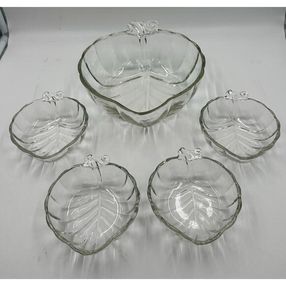 Vintage Clear Glass Leaf Shape Serving Bowl with 4 Side Bowls Dishes - Picture 1 of 3